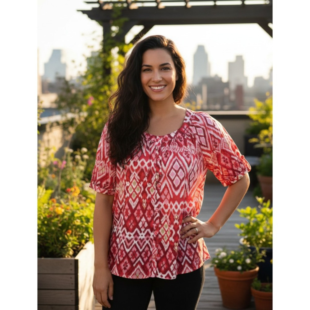 Lemon Grass M Top Pink Ikat SS Folk Artsy Button Boho Chic Dopamine Ikat Indie